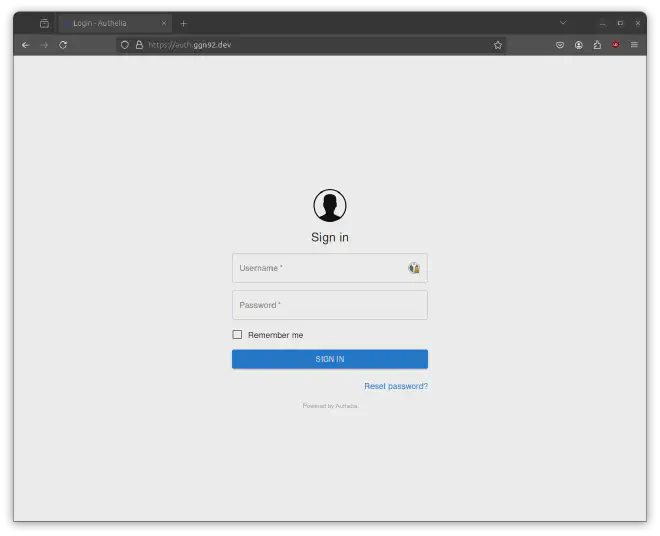 Screenshot of the Authelia sign in page