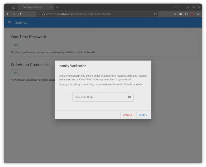 Screenshot of the Authelia Identity Verification page